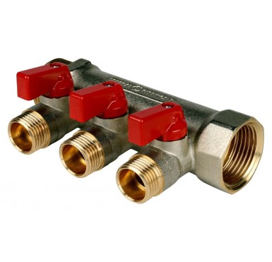 Коллектор STOUT с шаровыми кранами 3/4, 3 отвода 1/2 (красные ручки) SMB 6200 341203""